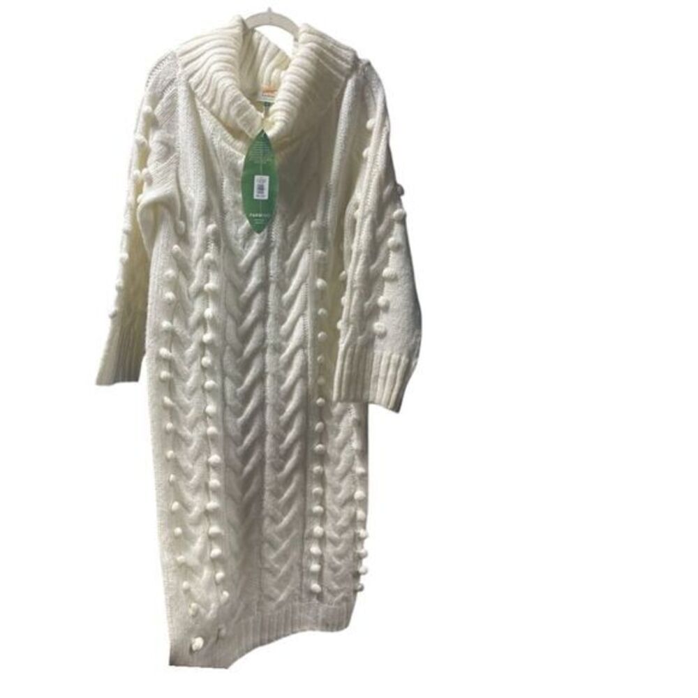 FARM Rio Chunky Cable Knit Sweater Dress Long Winter White Pom‎ Pom Detail SZ M